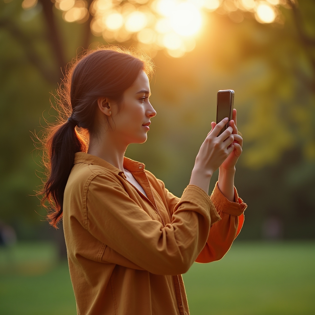 Persona fotografiando con smartphone en luz natural dorada