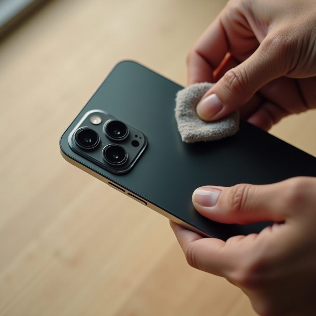 Persona limpiando el objetivo de la cámara del smartphone con un paño suave