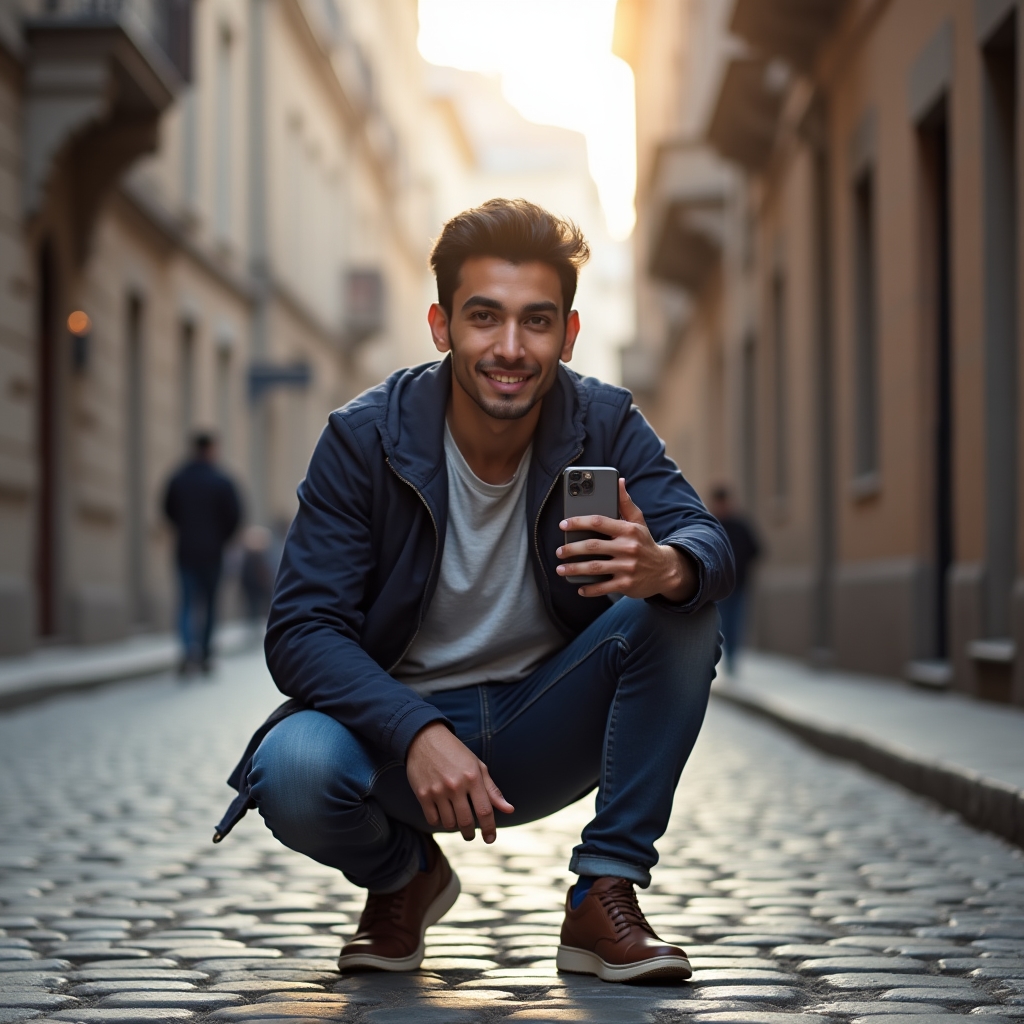 Estudiante encuadrando una fotografía con su smartphone en exteriores